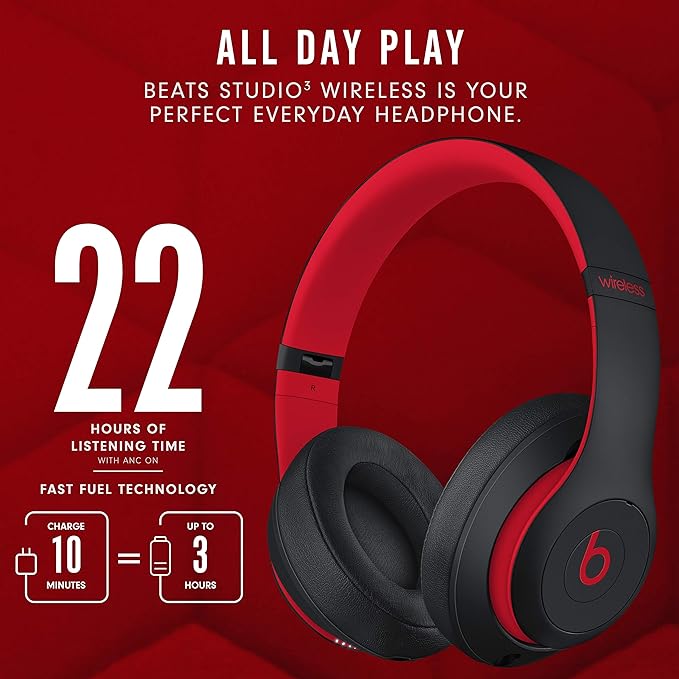 Beats Studio3 Wireless Noise Cancelling Over-Ear Headphones - Apple W1 Headphone Chip, Class 1 Bluetooth, 22 Hours of Listening Time, Built-in Microphone - Defiant Black-Red