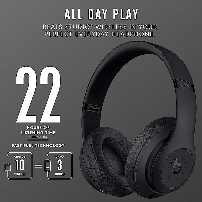 Beats Studio3 Wireless Noise Cancelling Over-Ear Headphones - Apple W1 Headphone Chip, Class 1 Bluetooth, 22 Hours of Listening Time, Built-in Microphone - Matte Black