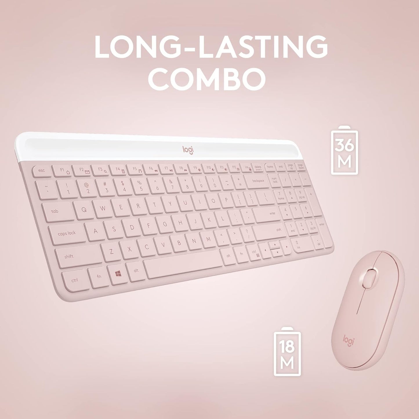 Logitech MK470 Slim Wireless Keyboard and Mouse Combo - Modern Compact Layout, Ultra Quiet, 2.4 GHz USB Receiver, Plug n' Play Connectivity, Compatible with Windows - Rose