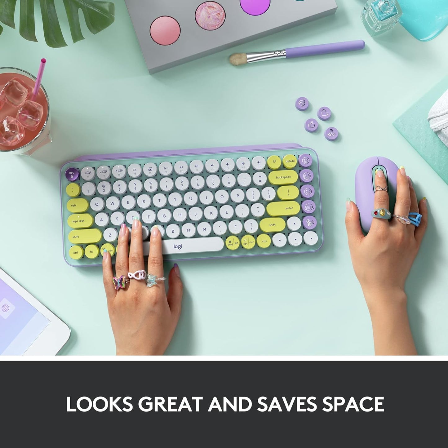 Logitech POP Keys Mechanical Wireless Keyboard with Customizable Emoji Keys, Durable Compact Design, Bluetooth or USB Connectivity, Multi-Device, OS Compatible - Daydream Mint