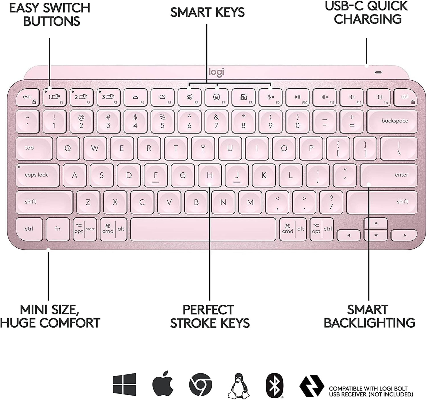 Logitech MX Keys Mini Minimalist Wireless Illuminated Keyboard Rose