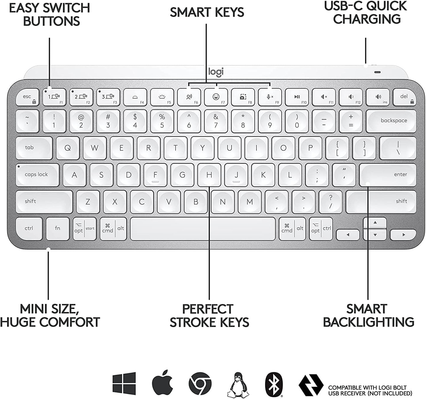 Logitech MX Keys Mini Minimalist Wireless Illuminated Keyboard Pale Gray