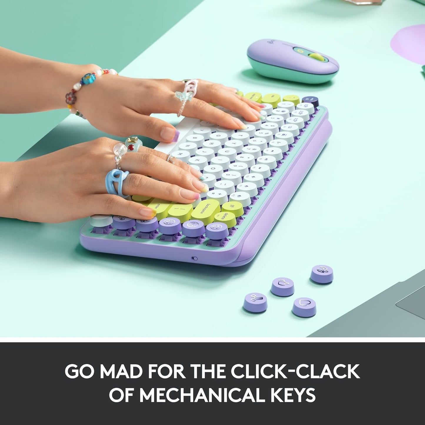 Logitech POP Keys Mechanical Wireless Keyboard with Customizable Emoji Keys, Durable Compact Design, Bluetooth or USB Connectivity, Multi-Device, OS Compatible - Daydream Mint