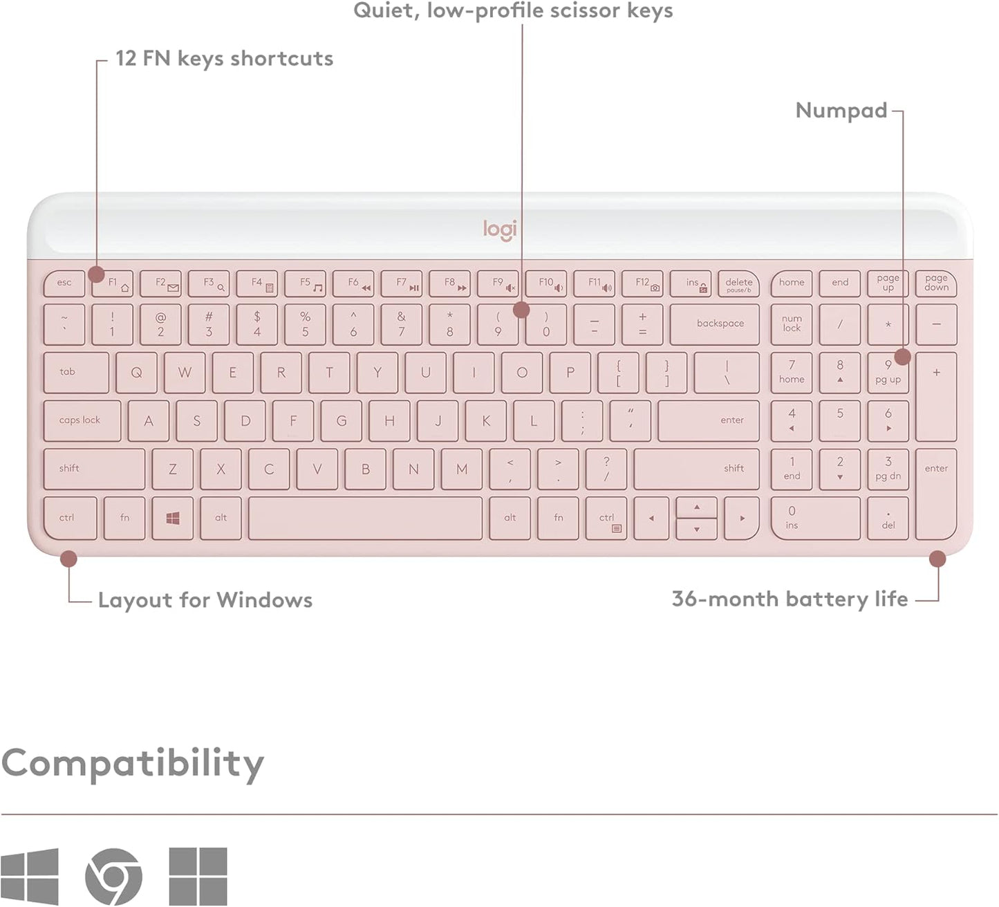 Logitech MK470 Slim Wireless Keyboard and Mouse Combo - Modern Compact Layout, Ultra Quiet, 2.4 GHz USB Receiver, Plug n' Play Connectivity, Compatible with Windows - Rose