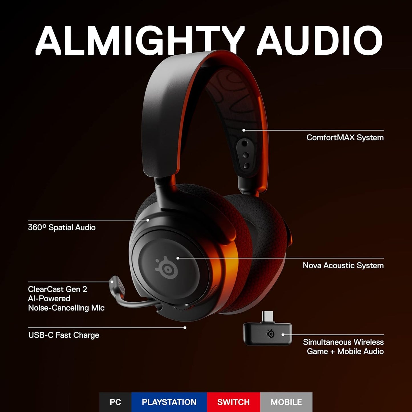 SteelSeries Arctis Nova 7 Wireless Gaming Headset Multi-Platform, Simultaneous Wireless 2.4GHz & Bluetooth, Comfort Design - Fast Charging, Headphone for PC Computers, PS, PS4, PS5 Switch