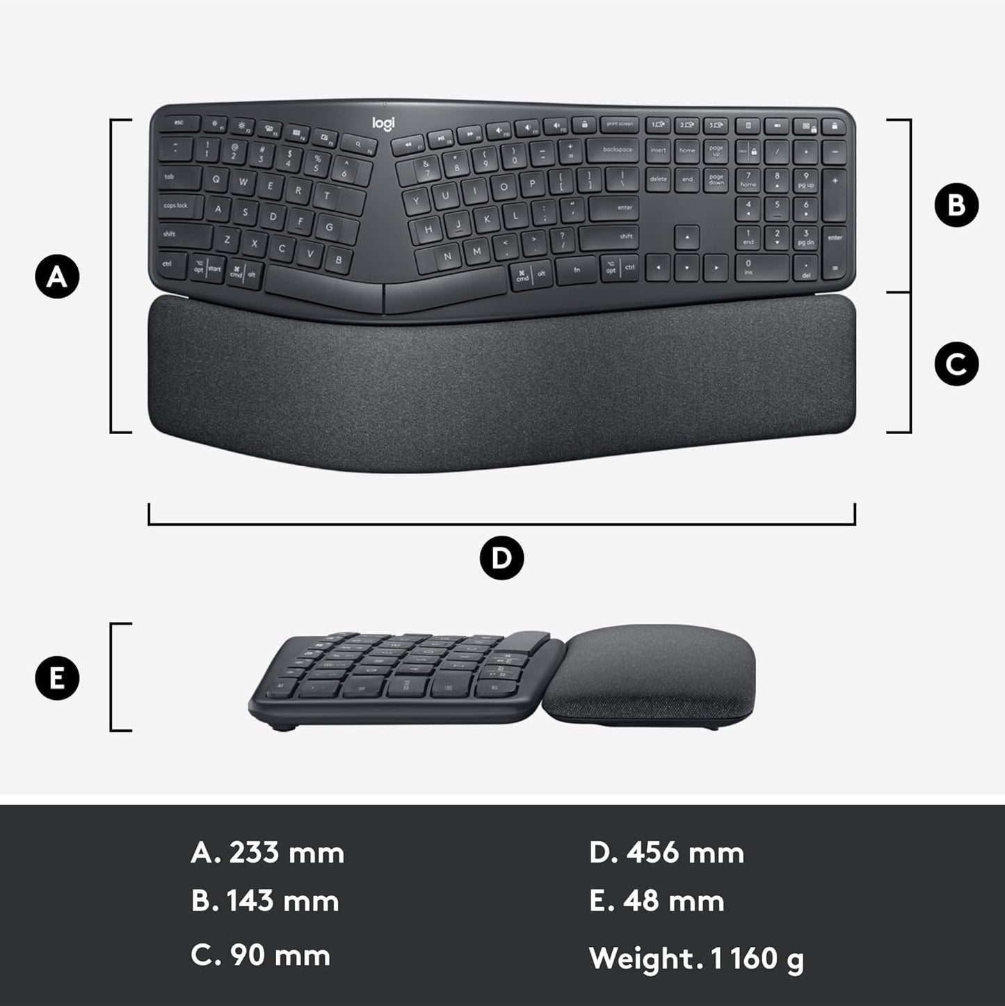 Logitech ERGO K860 Wireless Ergonomic Qwerty Keyboard - Split Keyboard, Wrist Rest, Natural Typing, Stain-Resistant Fabric, Bluetooth and USB Connectivity, Compatible with Windows/Mac,Black