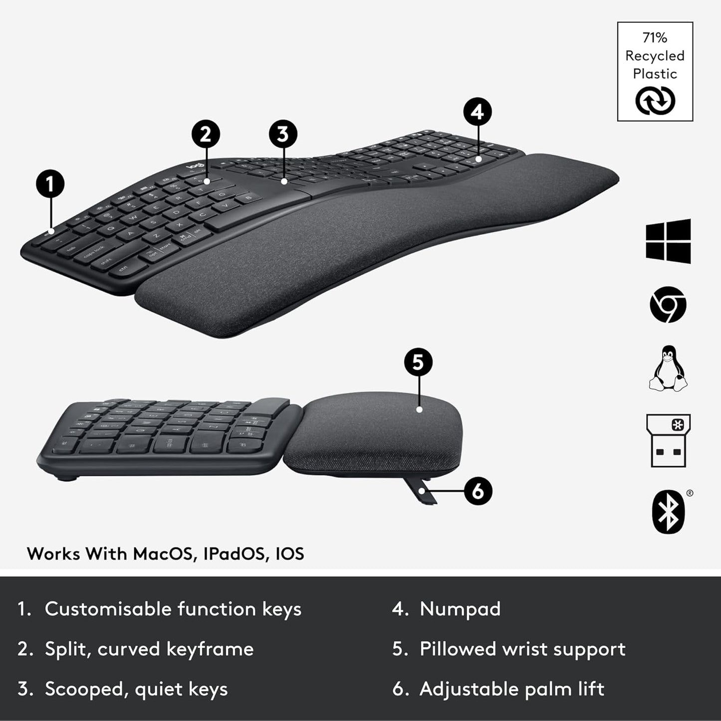 Logitech ERGO K860 Wireless Ergonomic Qwerty Keyboard - Split Keyboard, Wrist Rest, Natural Typing, Stain-Resistant Fabric, Bluetooth and USB Connectivity, Compatible with Windows/Mac,Black