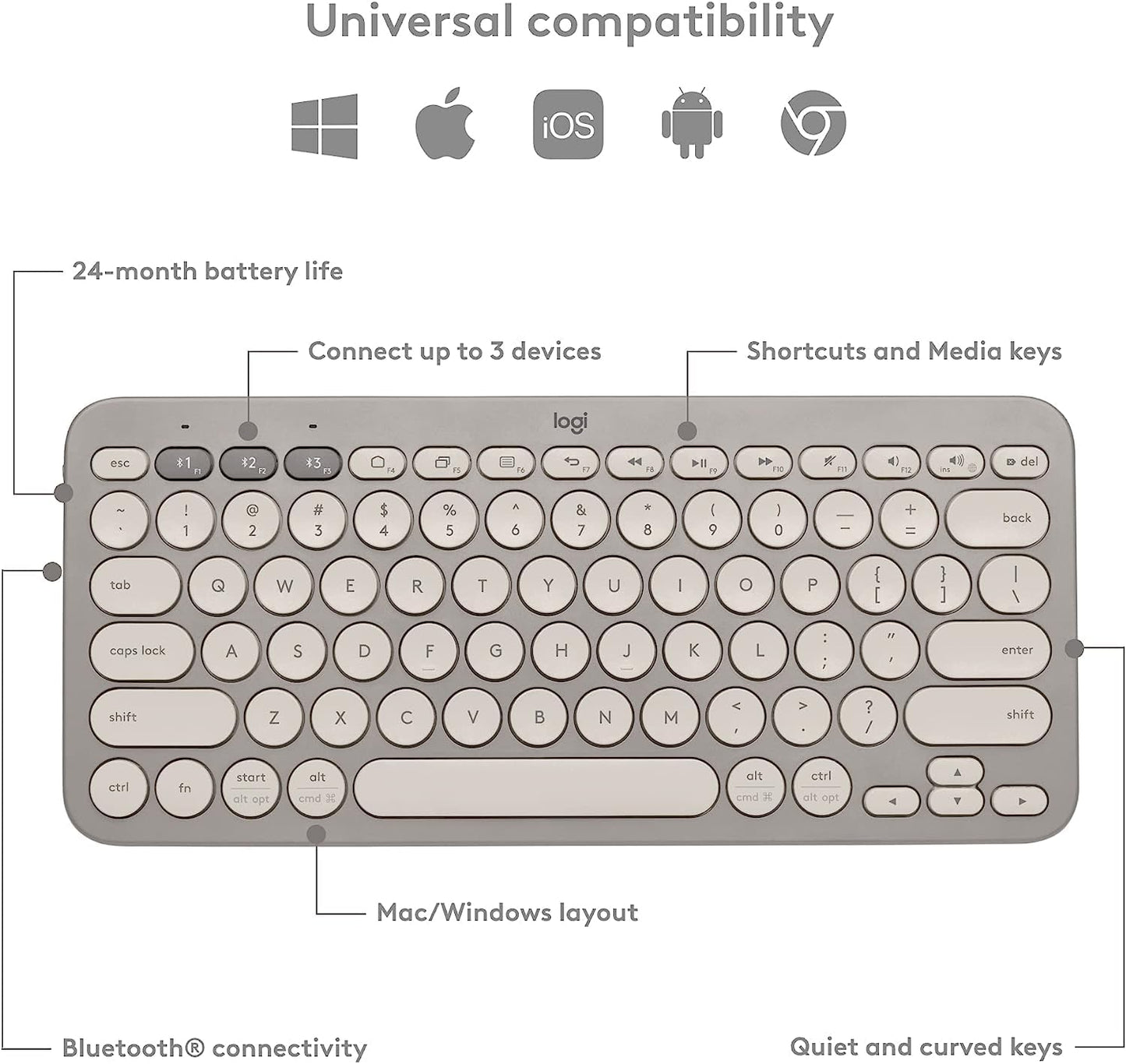 Logitech K380 Multi-Device Bluetooth Wireless Keyboard for PC, Laptop, Windows, Mac, Chrome OS, Android, iPadOS, Apple TV - Sand