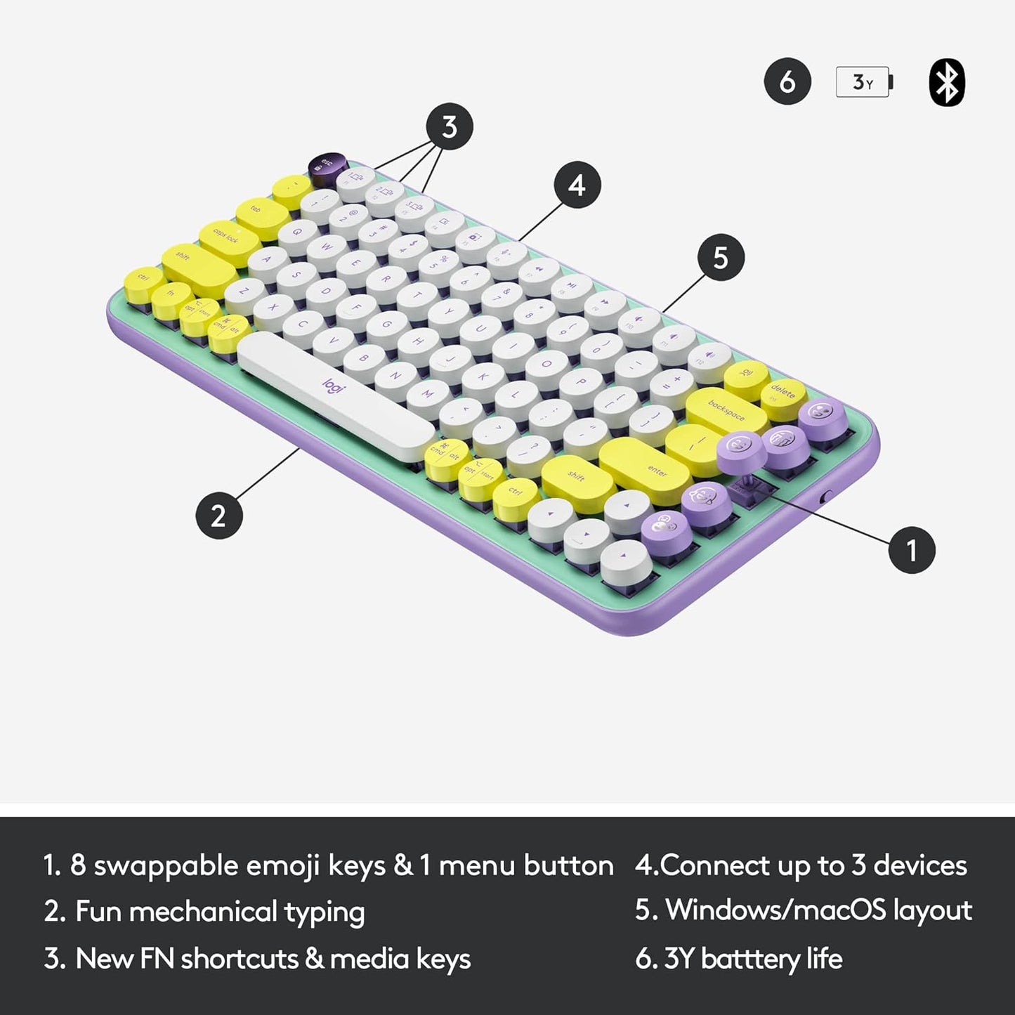 Logitech POP Keys Mechanical Wireless Keyboard with Customizable Emoji Keys, Durable Compact Design, Bluetooth or USB Connectivity, Multi-Device, OS Compatible - Daydream Mint