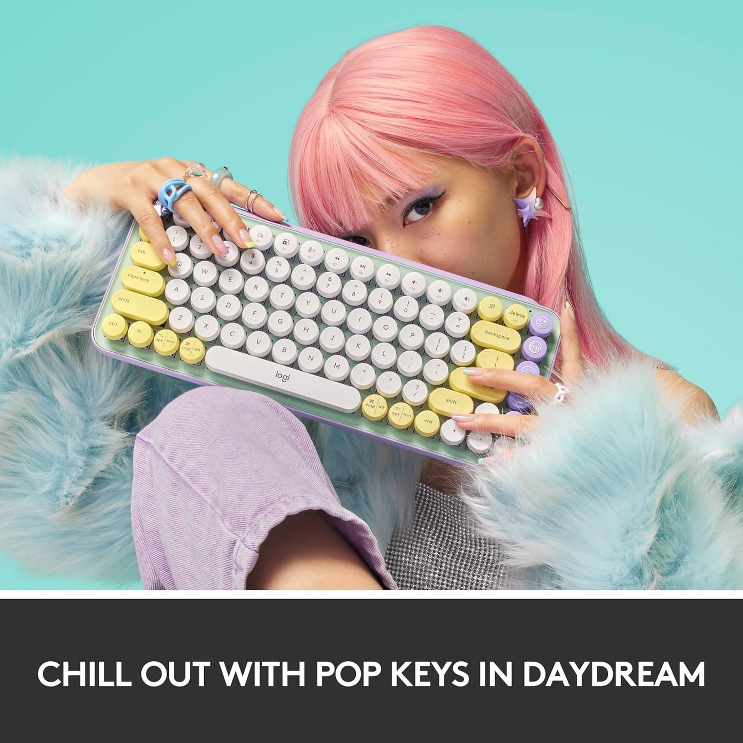 Logitech POP Keys Mechanical Wireless Keyboard with Customizable Emoji Keys, Durable Compact Design, Bluetooth or USB Connectivity, Multi-Device, OS Compatible - Daydream Mint