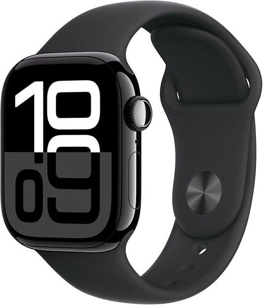 Apple Watch Series 10 [GPS 42mm case] Smartwatch with Jet Black Aluminium Case with Black Sport Band . Fitness Tracker, ECG App, Always-On Retina Display, Water Resistant